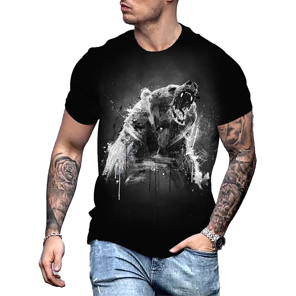 Big Bear 3D Print Summer Men\'s Round Neck T-shirt Casual Short Sleeve Oversized Pullover Fashion Streetwear Trend Men Clothing