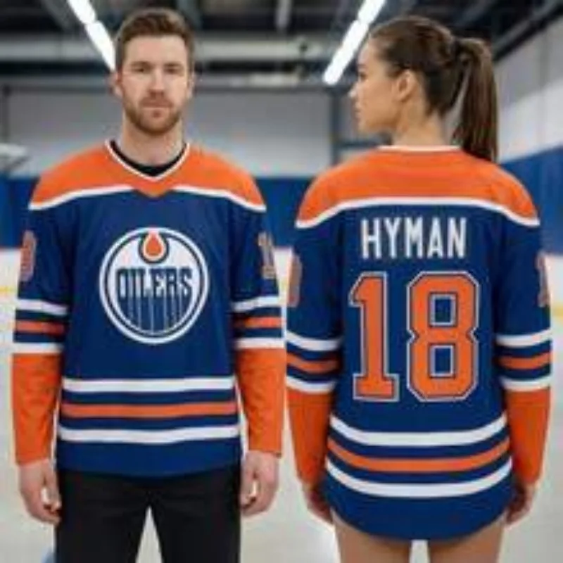 Unisex Hyman #18 Edmonton Oilers Ice Hockey Jersey Blue Orange Stitched Long Sleeve V‑Neck Sport Fan Uniform Top S‑XXXL