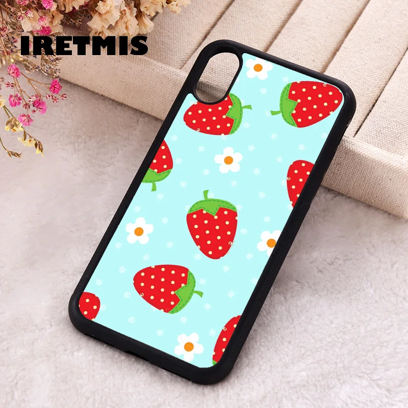 Iretmis Phone Cover Case For iPhone X XS Max XR 11 12 13 PRO MINI 14 15 16 Plus Rubber Silicone Blue Strawberry Field