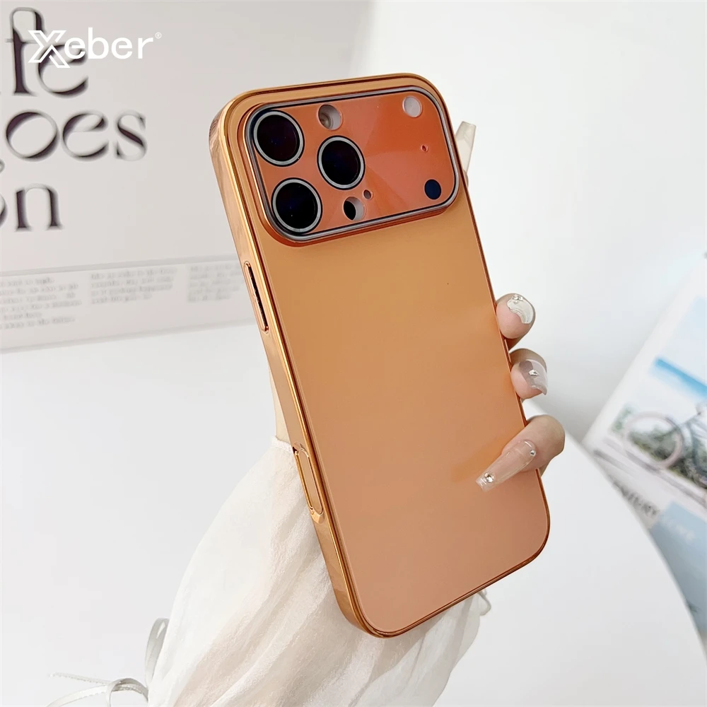 Luxus Glas Große Fenster Objektiv Schützen Fall Für iPhone 17 16 15 14 13 12 Pro Max Plus Einfarbig Stoßfest telefon Abdeckung Coque