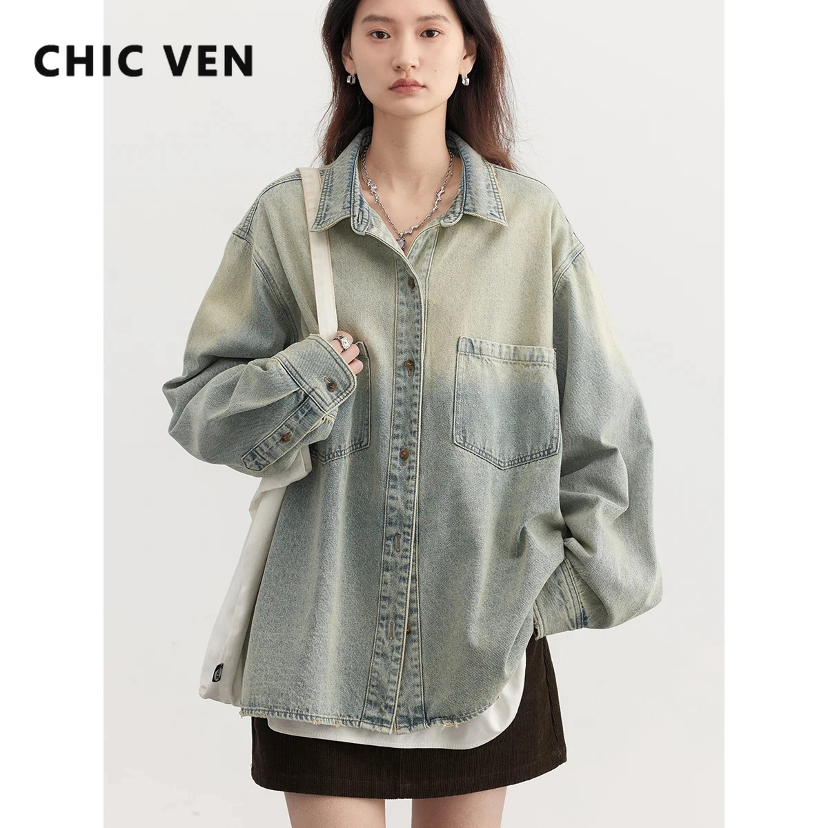 

CHIC VEN Women Shirt Long Sleeve New Loose Tops Gradient Lapel Contrasting Button Female Cotton Denim Jacket Spring Autumn 2024