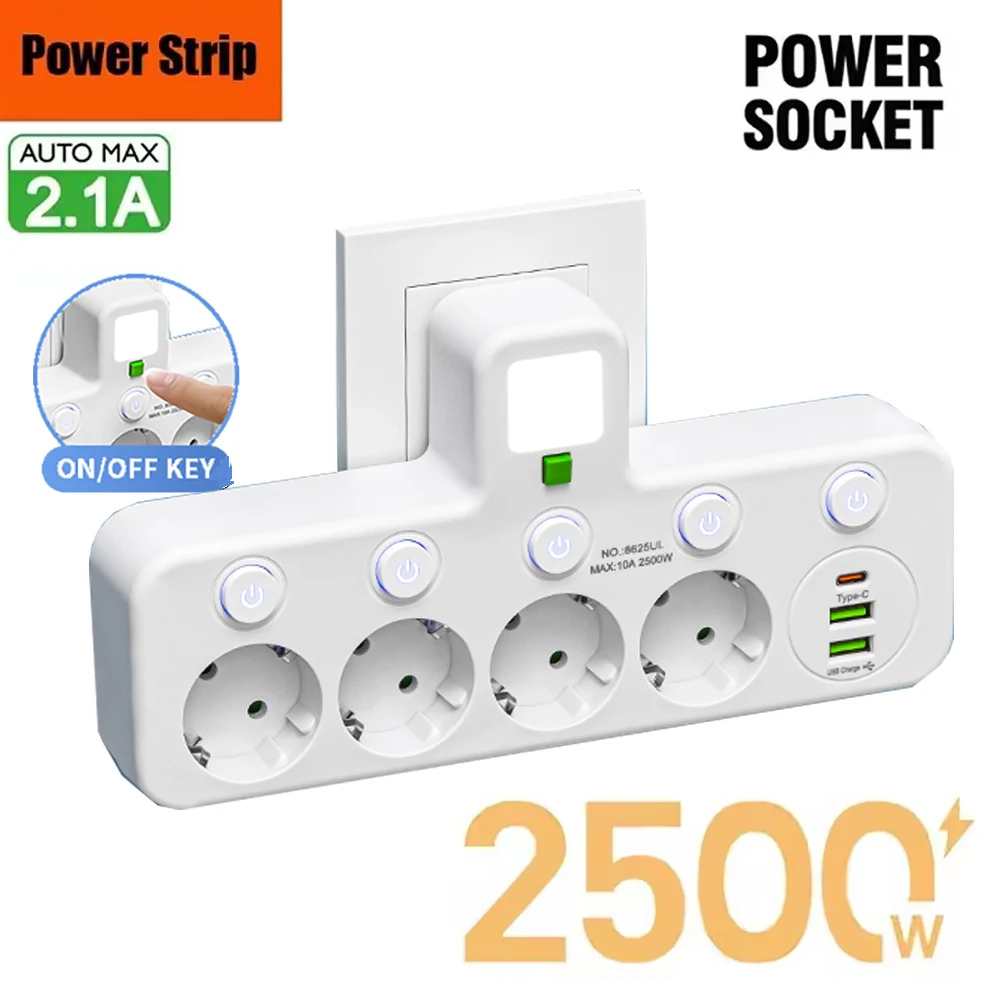 

EU Plug Power Strip Outlets 4 Sockets with USB Type-C port Wall Charger Two specifications for Home Office