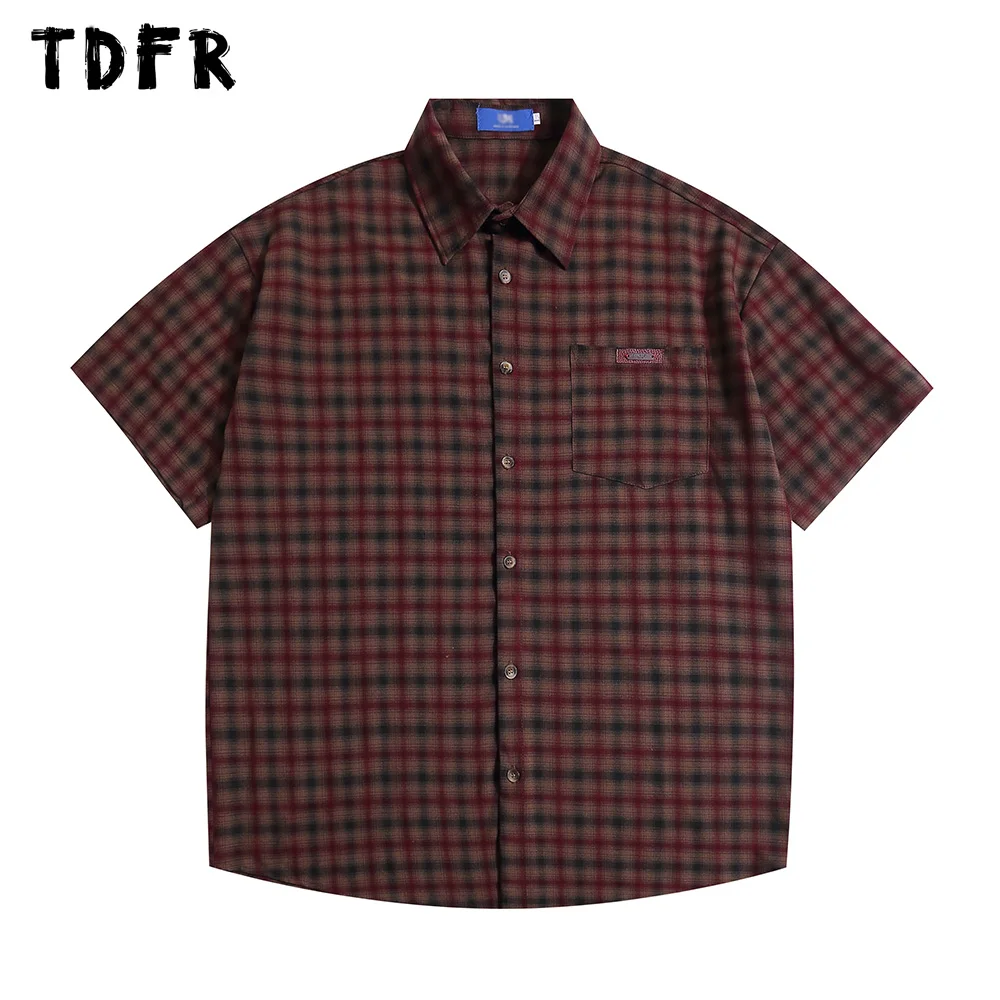 Pocket Plaid Short Sleeve Shirts Mens Summer Retro Casual Loose Lapel Single Breasted Half-Sleeve Shirts Cotton Men