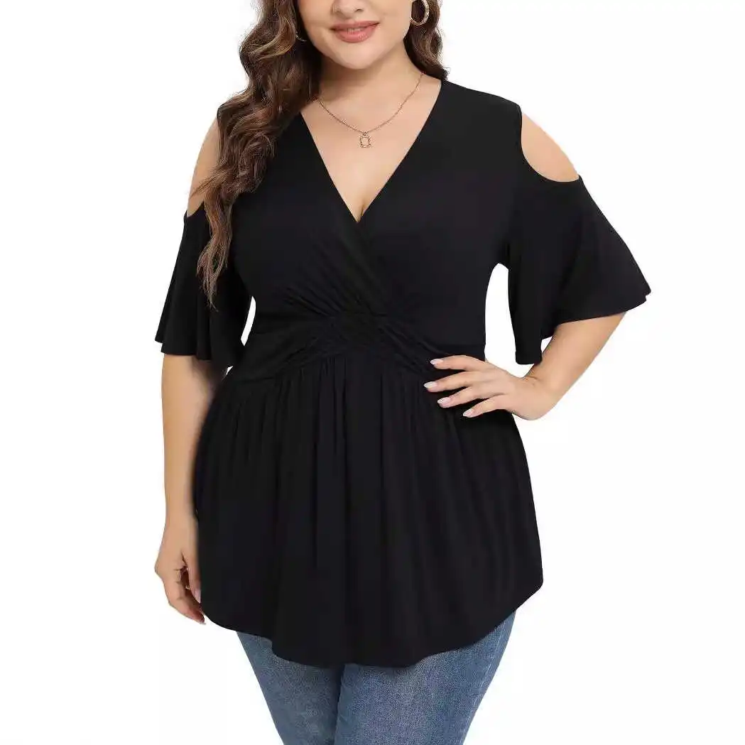 Plus Size Dames Zomer T-shirt V-hals Top 5XL Loose Fit ort Sve Gedrukt Polyester Casual irt Hollow out Design