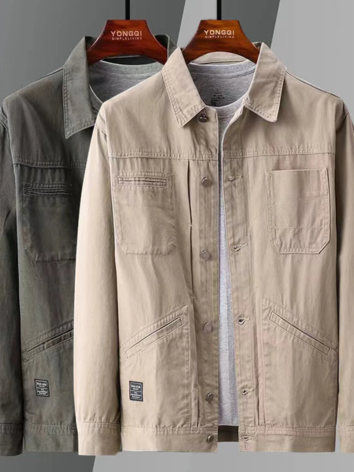 

Japanese Sle Khaki Denim Jaet Men's Trendy Simple Versatile Workwear Jaet Spring Autumn Casual Top Loose Fit Multi-ket