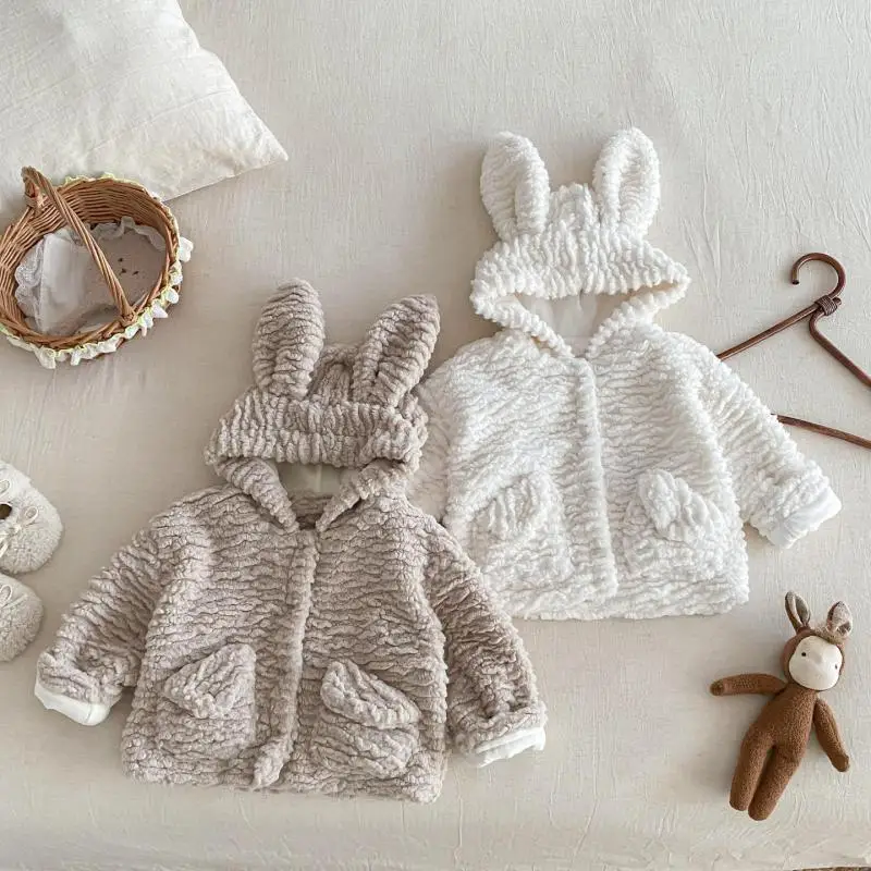 

2025 Winter New Baby Long Sleeve Fleece Coat Plus Velvet Thick Infant Girls Rabbit Ears Hooded Coat Toddler Warm Padded Jacket