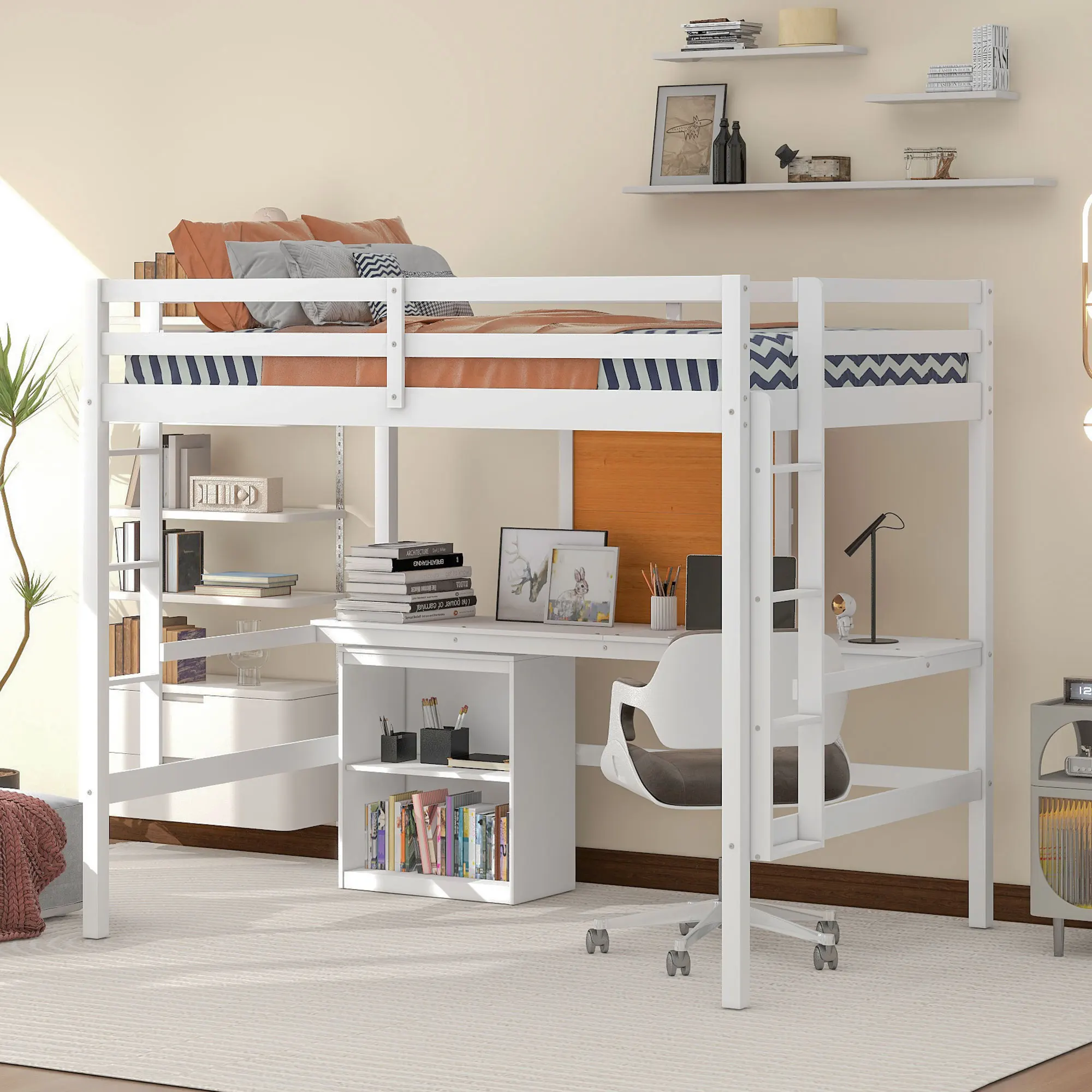 

Full Size Loft Bed with Desk and Writing Board, Wooden Loft Bed with Desk & 2 Drawers Cabinet, White 78.90x57x69.30 in.