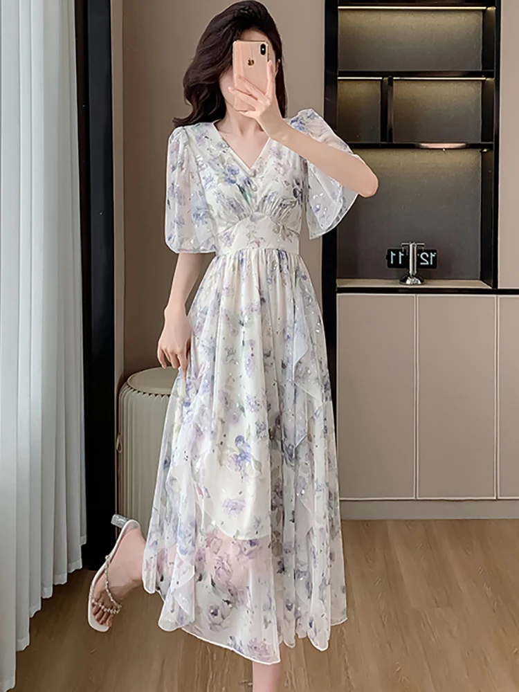 Summer Pink Floral Chiffon Bright Silk Casual Long Dress Women Elegant Luxury Ruffled Party Vestidos 2024 Korean Bodycon Dresses