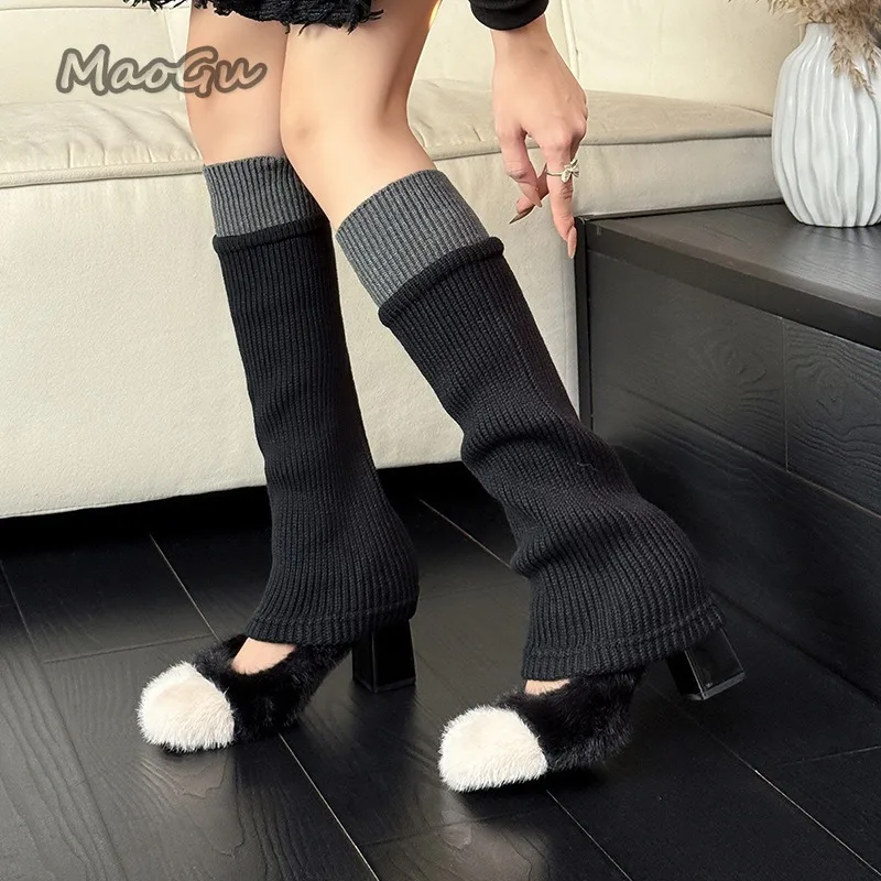 

Autumn Winter Blackwhite Women's Mary Jane Shoes Furry Comfortable Shoes for Women with Pleated Socks Match Ladies Fashion Pumps