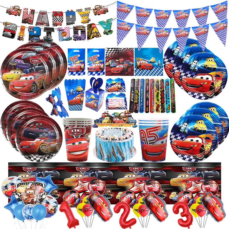 Kit de décorations de fête Cars Lightning McQueen, bannière Joyeux Anniversaire, ballons, assiettes, gobelets, toile de fond, thème course automobile pour garçon