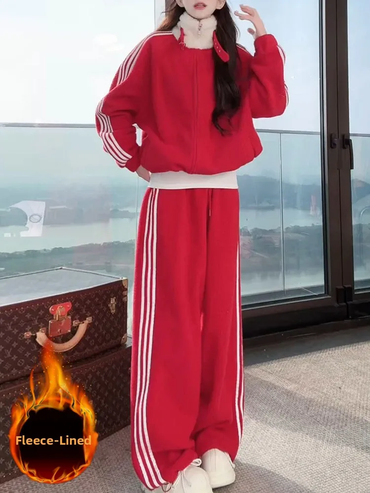 

High-End Casual Sportswear Set Women's Red Wide Leg Pants Cardigan Coat Two-Piece Set Winter Fashion European Style Sportswear