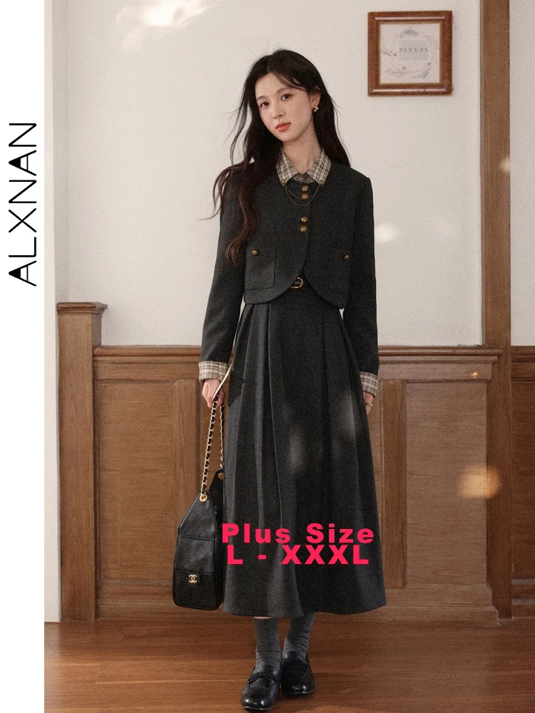 

ALXNAN Plus Size Women's Short Jacket Metal Buttons Pockets Regular-fit Gray Outerwear Autumn Casual Commuting Coats D57722WT