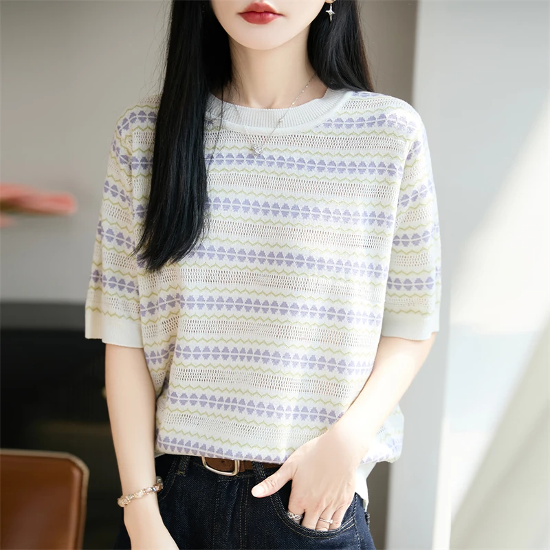 

Новая женская трикотажная футболка с коротким рукавом и круглым вырезом, с цветовыми блоками, модный хит продаж, лето 2026