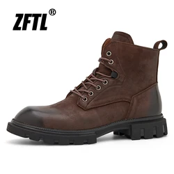 ZFTL Men's Basic Boots British style Tooling boots Retro brown side zipper Biker boots Ankle boots Casual Genuine Leather Bots