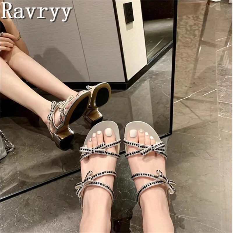 Bling Crystal Butterfly Knots Sandals Fairy Style Wedding Shoes Open Toe Thick Heels Slipper Summer New Women Party Dress Shoes