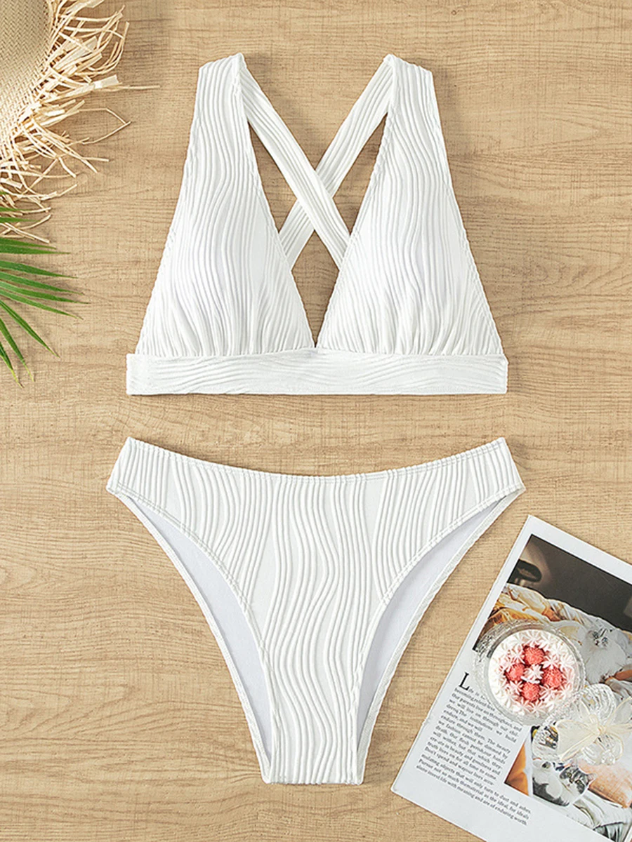 2024 V Neck Solid Bikini White String Swimsuit Women High Waist Swimwear Female Bathers Bathing Swimming Swim Suit Beachwear