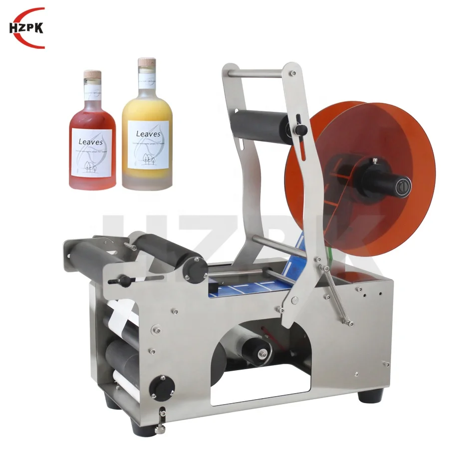 

HZPK MT-50 S PET Plastic Bottle Jars Cans Adhesive Semi Auto Label Sticker Labeling Machine for Round Bottles Semi-automatic