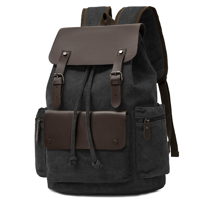 Canvas Double Shoulder Backpack for Men Vintage Drawstring Laptop Bag Fashionable Travel Rucksack Flap Closure Book Bag SAC