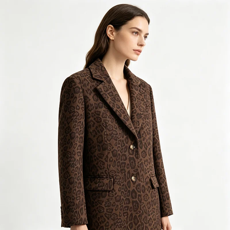 FANAN Women Brown Leopard Print Blazer Notched Lapel Double Breasted Loose Fit Long Sleeve Pocket Design Vintage Suit Jacket