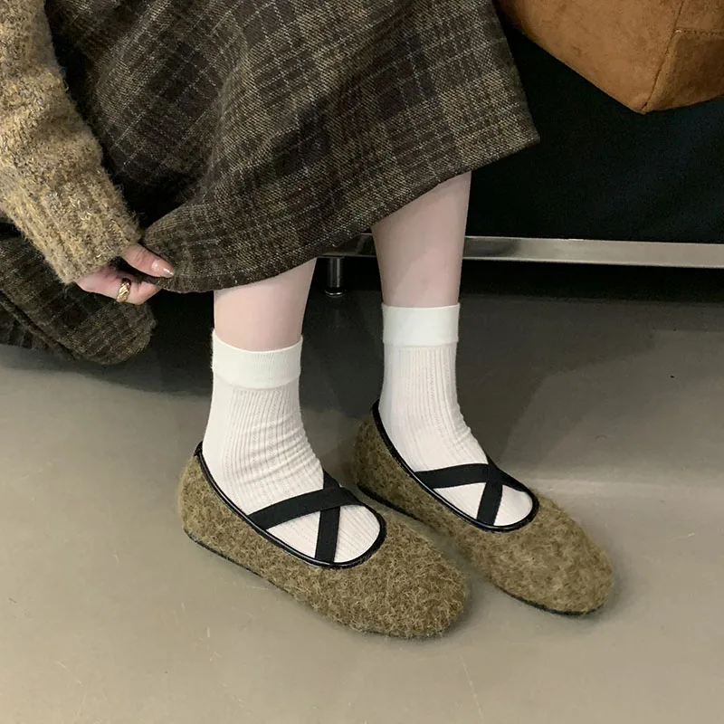 ラウンドトゥファッションフロッキーレディースフラットシューズ、浅履き女性用スリッポン、伸縮性バンド付きレディースバレエフラットシューズ