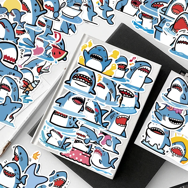 50PCS Funny Fat Shark Stickers Cute Chubby Ocean Animal Decals Waterproof Vinyl For Laptop Water Bottle Phone Case Teens Gifts