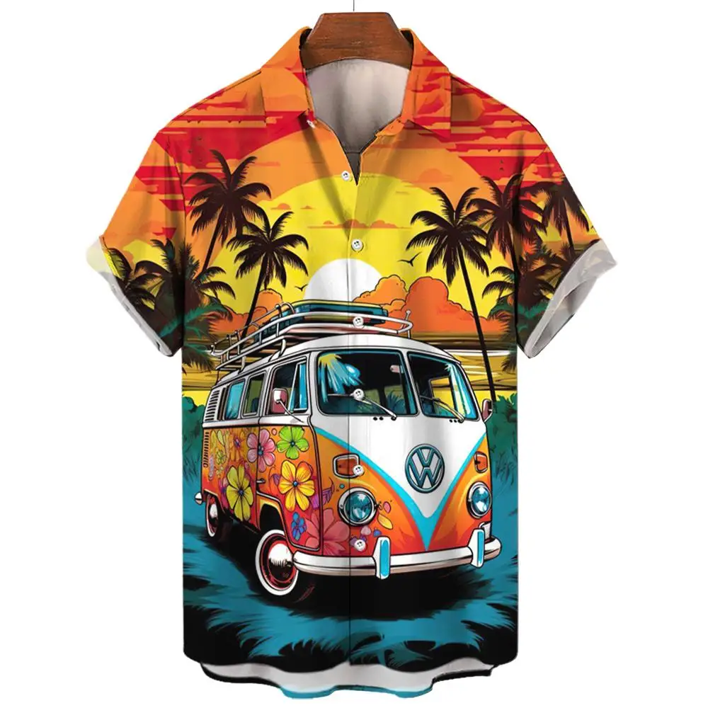 Vintage Men\'s Shirt For Men Short Sleeve Tops Beach and cars 3d Print Shirt Summer Sweatshirt Tees Designer Men\'s Clothing