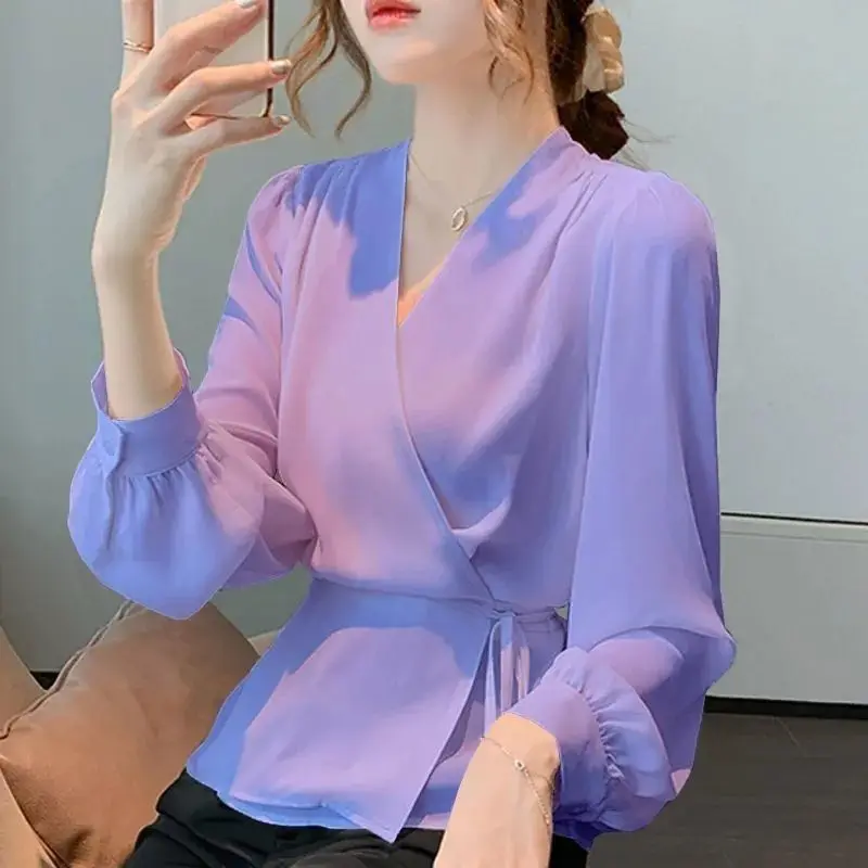 

Office Lady Solid Color Elegant V-Neck Patchwork Blouse Spring Autumn New Long Sleeve Sashes Bandage Stylish Casual Button Shirt