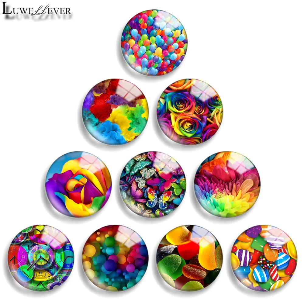 

10mm 12mm 20mm 25mm 30mm 40mm 822 Rainbow Mix Round Glass Cabochon Jewelry Finding 18mm Snap Button Charm Bracelet