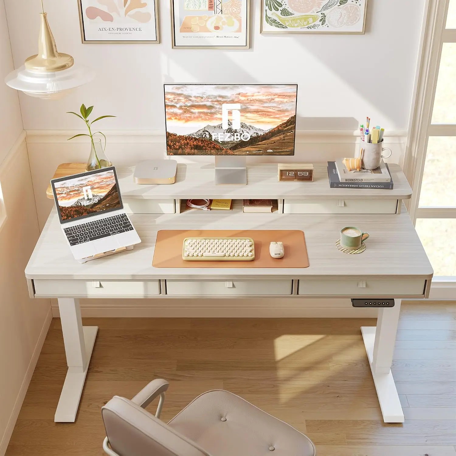 Electric Height Adjustable Standing Desk 5 Drawers & Shelf, 55x24 Inch Sit Stand Table, White Frame Walnut Top, Customized