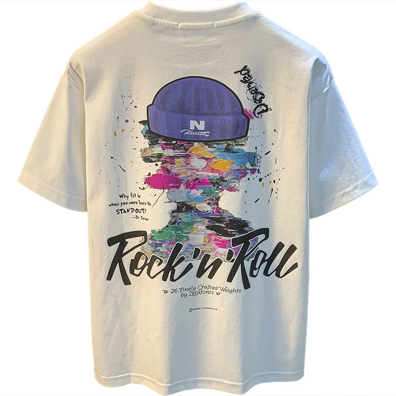 2025 new short sleeved T-shirt for men, elastic, comfortable, breathable, trendy, embroidered printed casual top