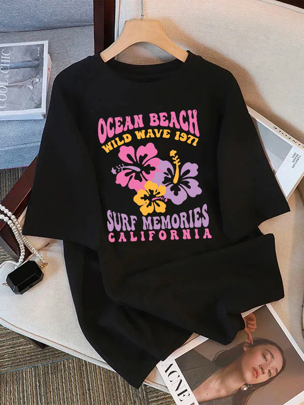 Summer T-Shirts Women Cotton Ocean Beach Wild Wave 1971 Flower Printing Tops O-Neck Comfortable Loose T Shirt Casual Clothes