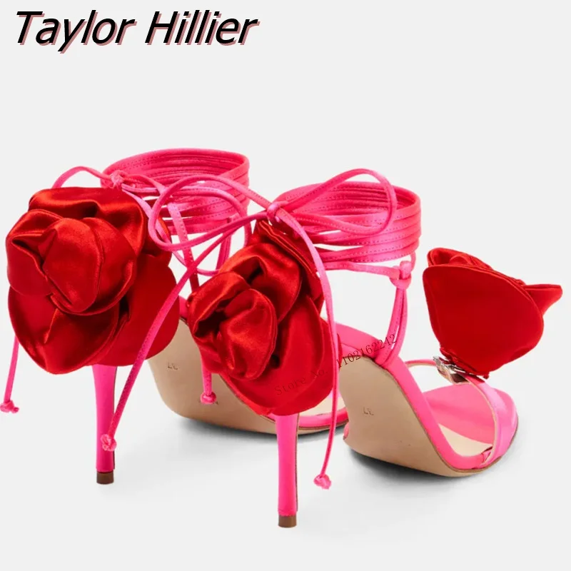 Summer Temperament Satin Rose High-Heeled Shoes Round Toe Stiletto Heel Strappy Sandals Fashion All-Match Winding Wedding Shoes