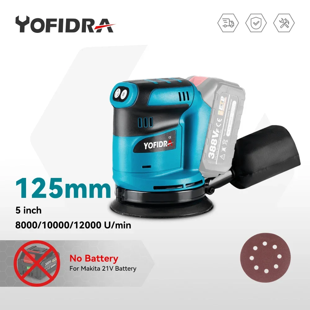 Yofidra 5 Inch 3 Speed Electric Sander Cordless Wood Grinder Polishing Grinding Sanding Machine Power Tool For Makita 18VBattery