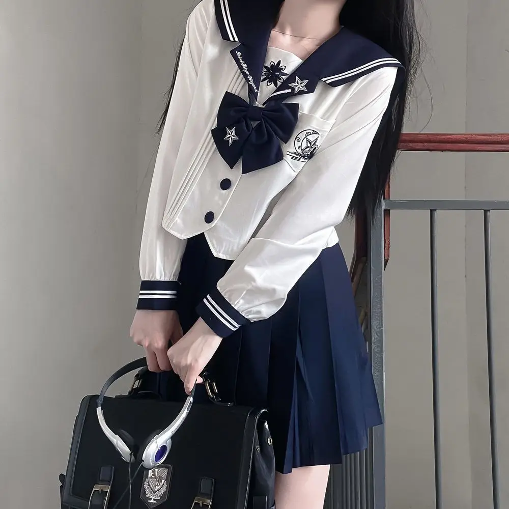 Japanese School Uniform Girls S-XL Jk Suits College Sailor Embroidery White Navy Collar Shirt Tops+mini Pleated Skirt Women Sets