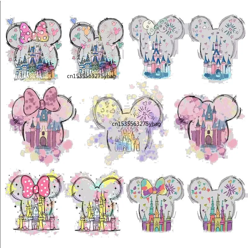 Splash Watercolor Castle Family Trip Mickey Minnie Iron-on Transfers for Clothing Kawaii Minnie Mouse Iron on Patch For Girls