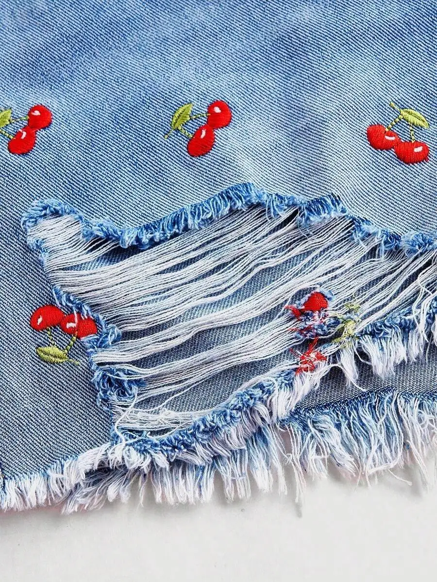 

Womens Plus Size Denim Shorts With Red Cherry Embroidery Ripped Distressed Casual Summer Shorts