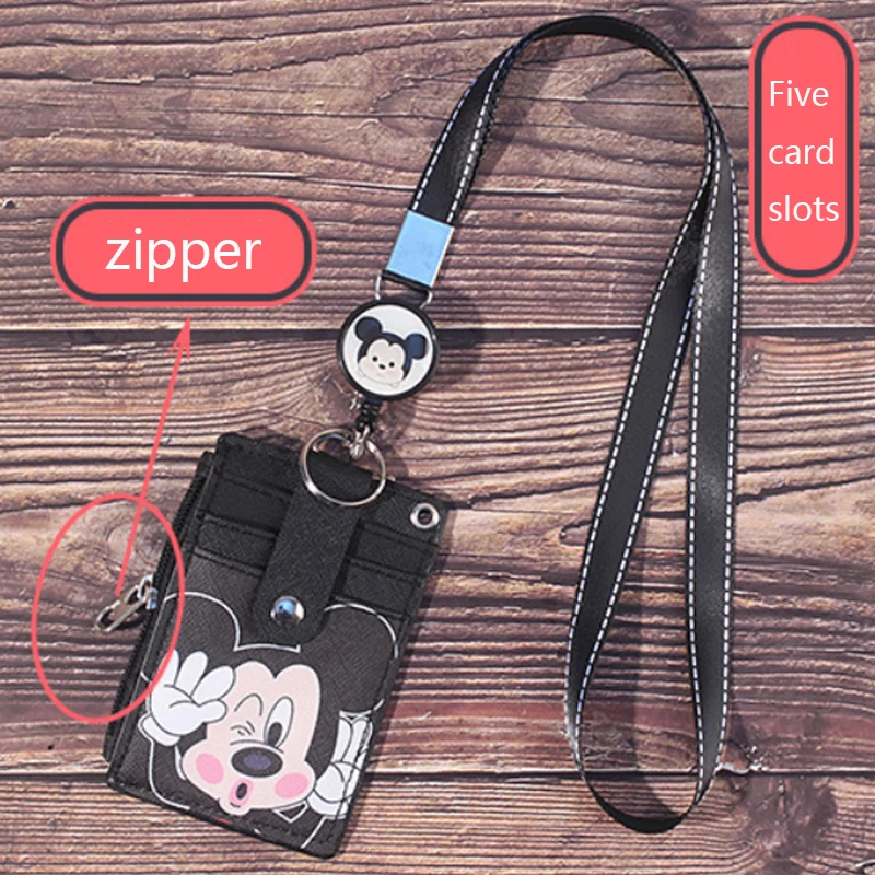 Disney Anime Mickey Hanging Neck Retractable Card Holder Campus Card Cartoon Stitch Id Card Shell Leather Case Bus Card Bag Gift