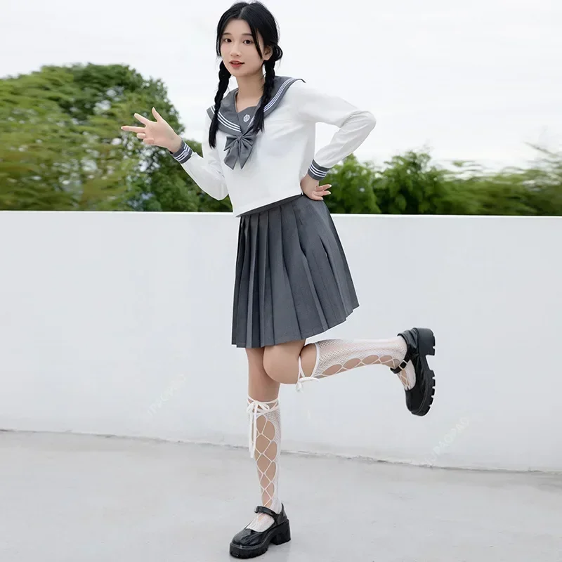 日本の学校制服女子グレーセーラードレスシャツ学生JK制服韓国プリーツスカートセットかわいい女子高生コスチュームBC