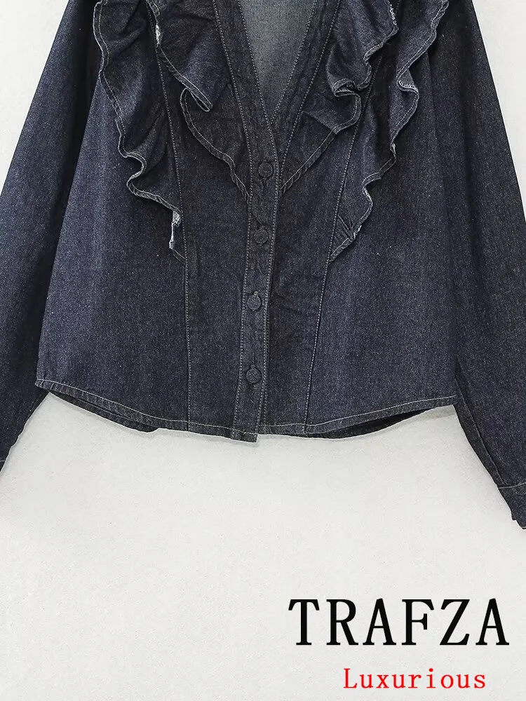 TRAFZA Vintage Casual Chic Women Suit Denim Tierred V-Neck Single Breasted Shirts Loose Long Pants New Fashion 2024 Autumn Sets