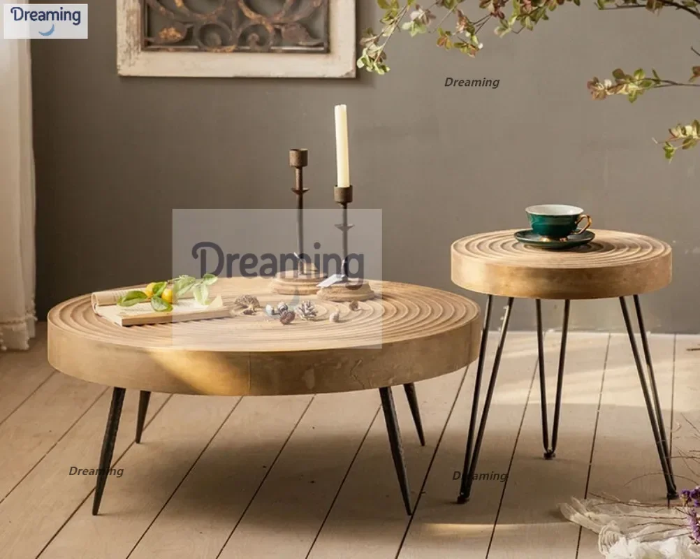 

Wabi-**** retro old round wrought iron coffee table solid wood small low table living room home tea table creative small round t