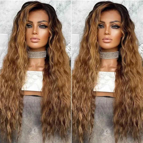 Imagen 2 del producto Peluca con malla frontal suave Color rubio ceniza ombré 26 ""largo rizado 180 densidad sintética alta temperatura sin pegamento diario