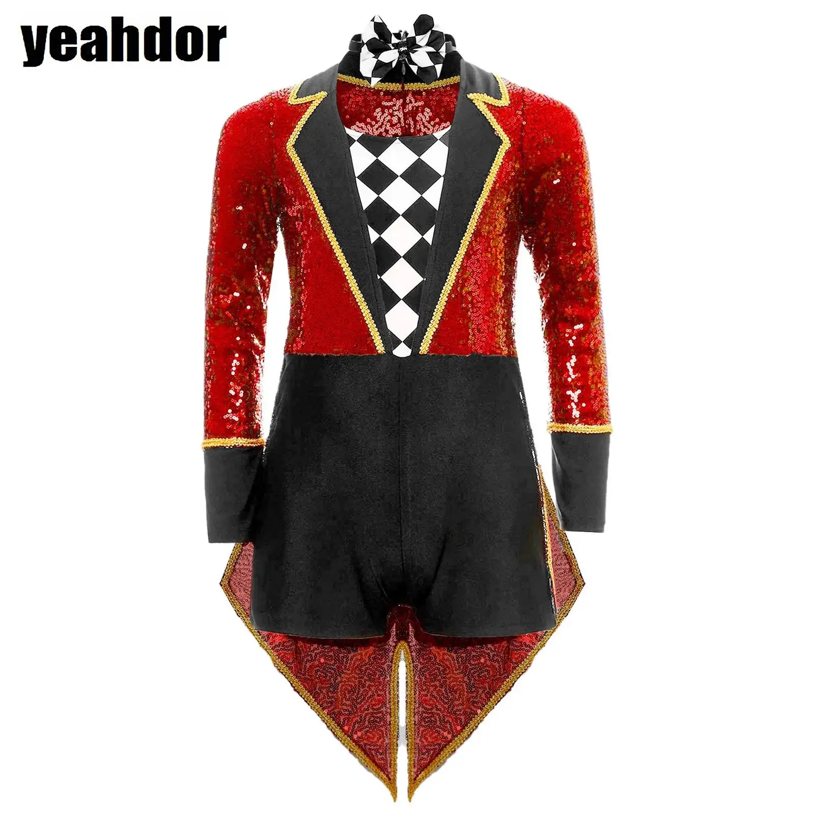 

Girls Halloween Circus Ringmaster Costume Long Sleeve Sequin Tailcoat Jacket Checkerboard Bodysuit Bow Tie Set Showman Magician
