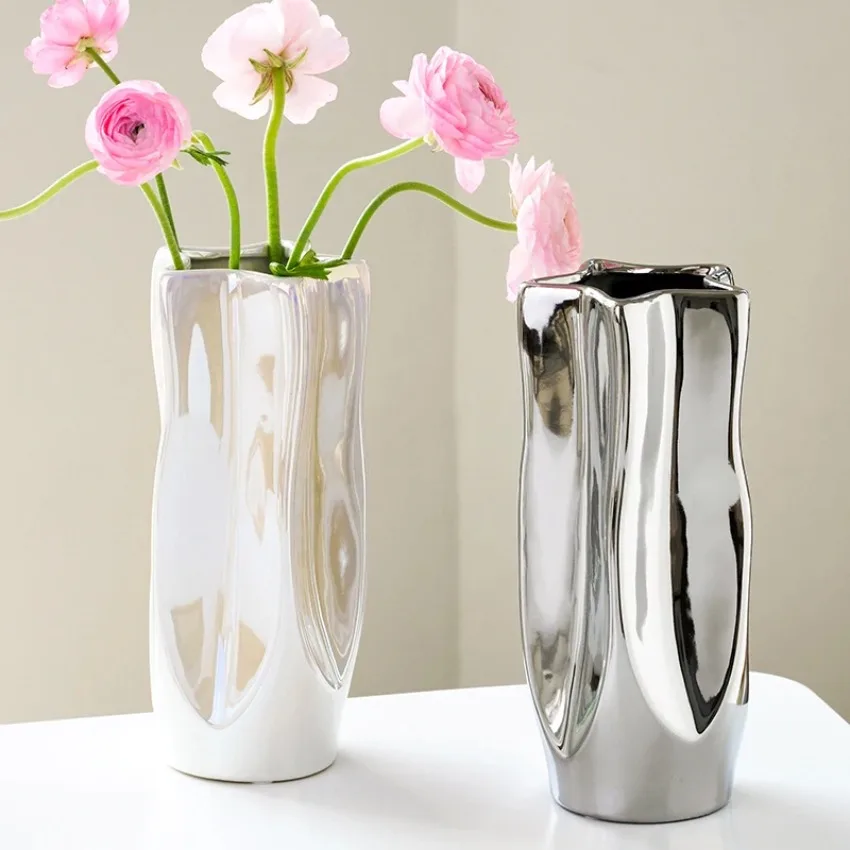 Luxury Electroplated Silver Ceramic Vase Flower Arrangement Irregular Porcelain Hydroponic Vase Ornament Interior Art Decoration