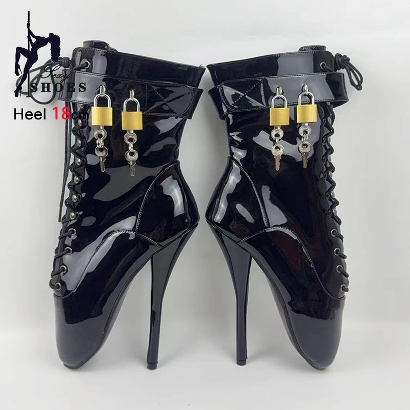 

18CM Extreme high heels Women Short Ankle Boots PU Leather Fetish Sexy Woman Shoes Double Lockable Padlocks Strap Ballet Boots