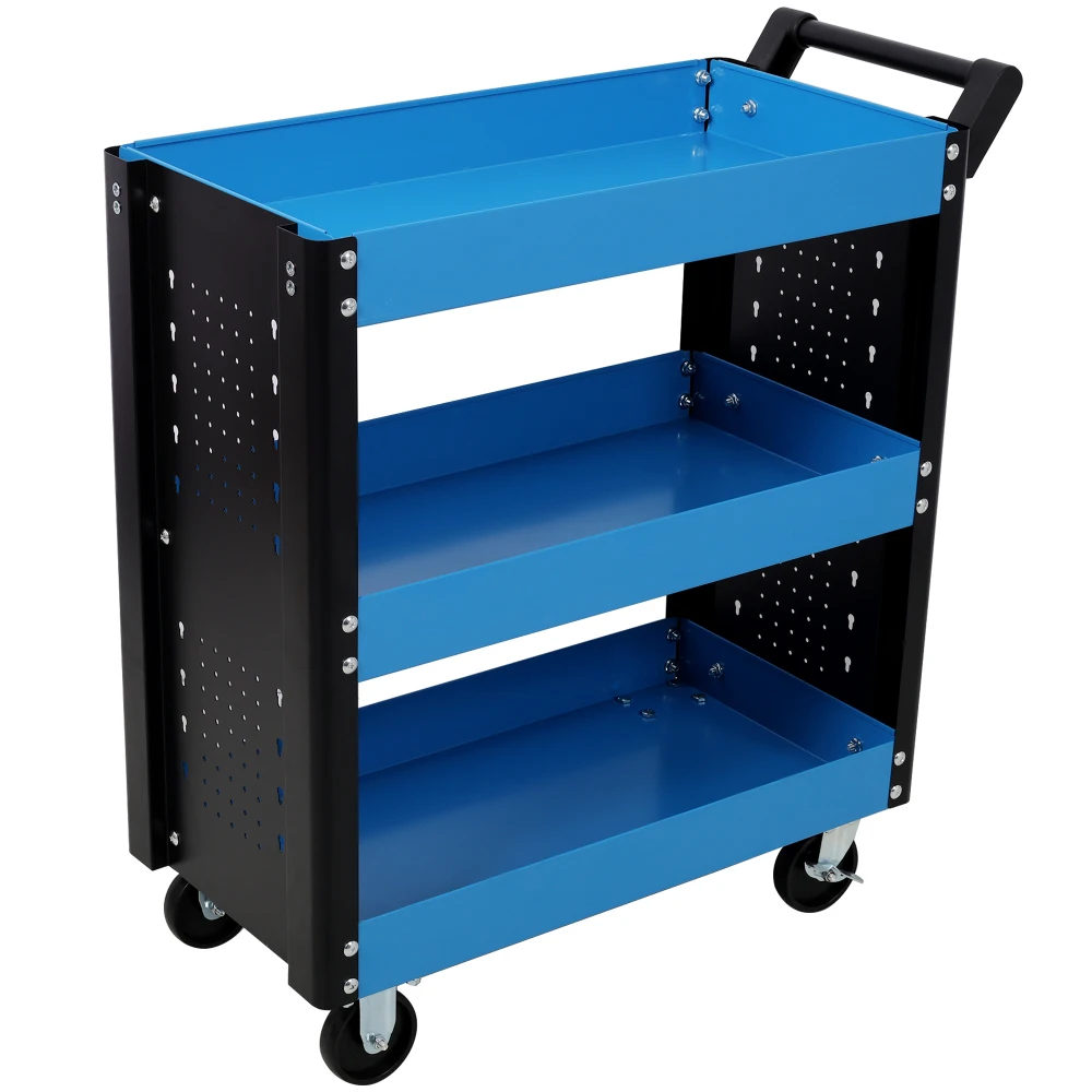 

3 Tier Rolling Tool Cart on Wheels, Heavy Duty Utility Tool Cart with Pegboard for Repair Shop, Garage, Warehouse, Blue