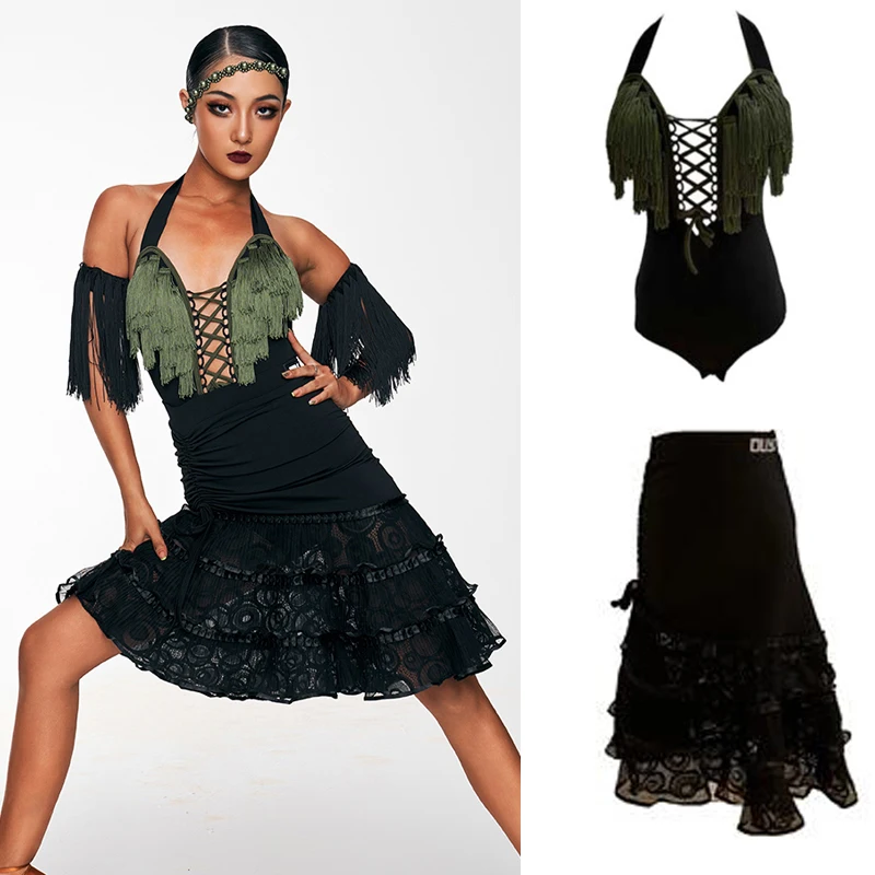 

Sexy Green Fringed Cross-Tie Halter Latin Top Black Lace Skirts Women Latin Performance Costume Ballroom Dance Clothes SL7168