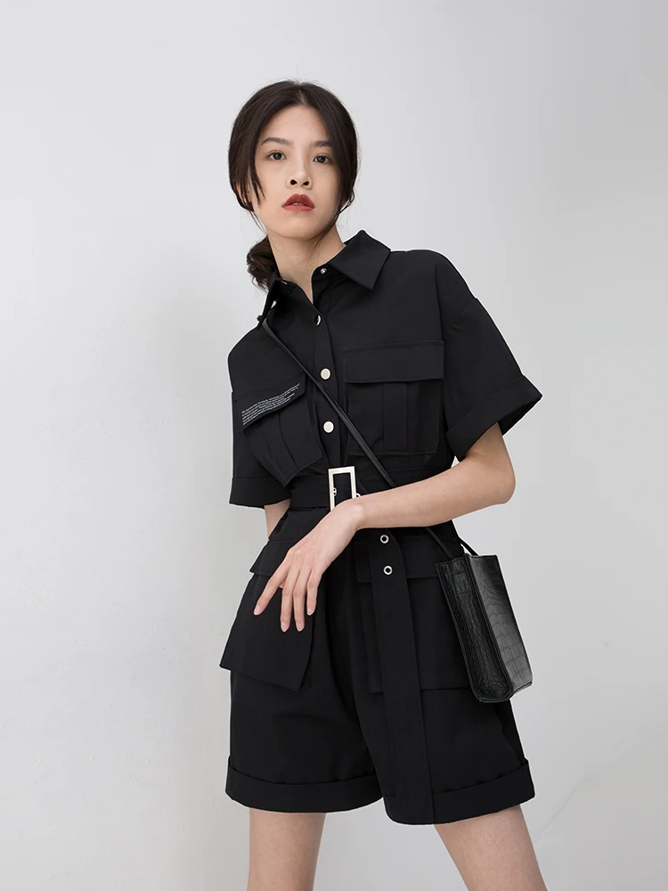 

Trendy Collar Letter Print Wide Leg Short Sleeve Workwear Jumpsuit Women's High Waist Short Pants Street Style Summer Black