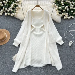 Chic Women Two-Piece Sets Long Sleeve Loose Hooded Knit Plush Coat and Slim Straps Dress Korean Fashion Autumn Winter Clothing