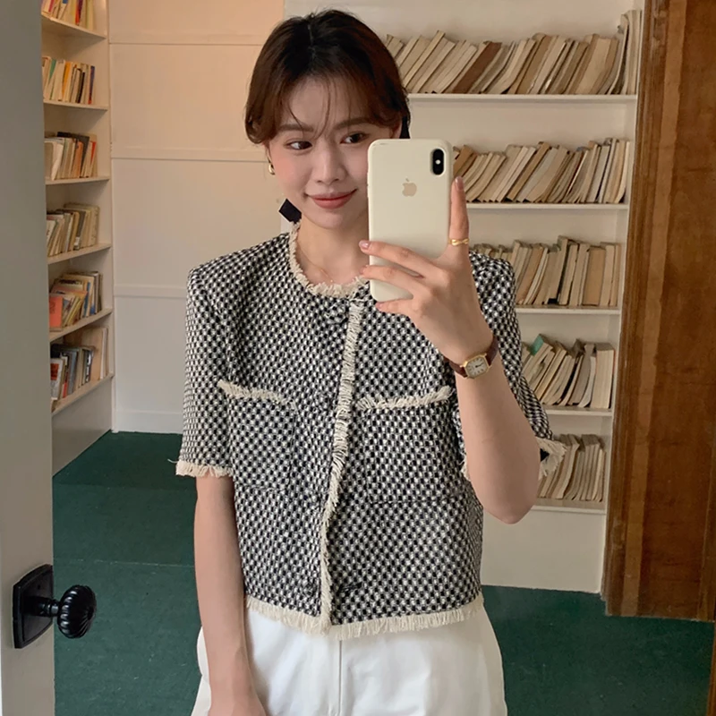 Chic Summer Vintage Ruffle Collar Color Block Plaid Loose Casual Women's Short Sleeve Jacket Versatile round Neck Outerwear