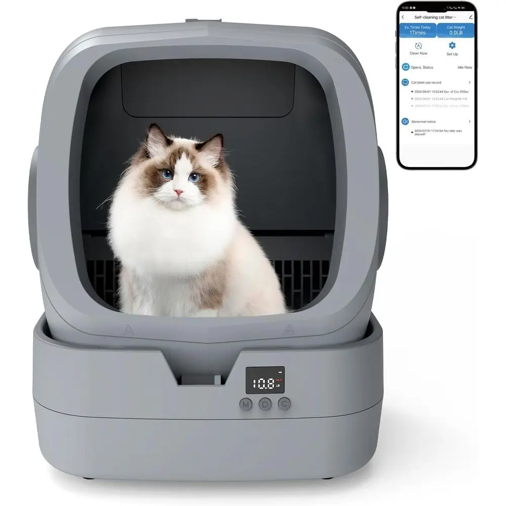 

Smart Self-Cleaning Cat Litter Box with APP Control, Weight Monitoring, Quiet Operation for Medium Cats & Kittens, Grey